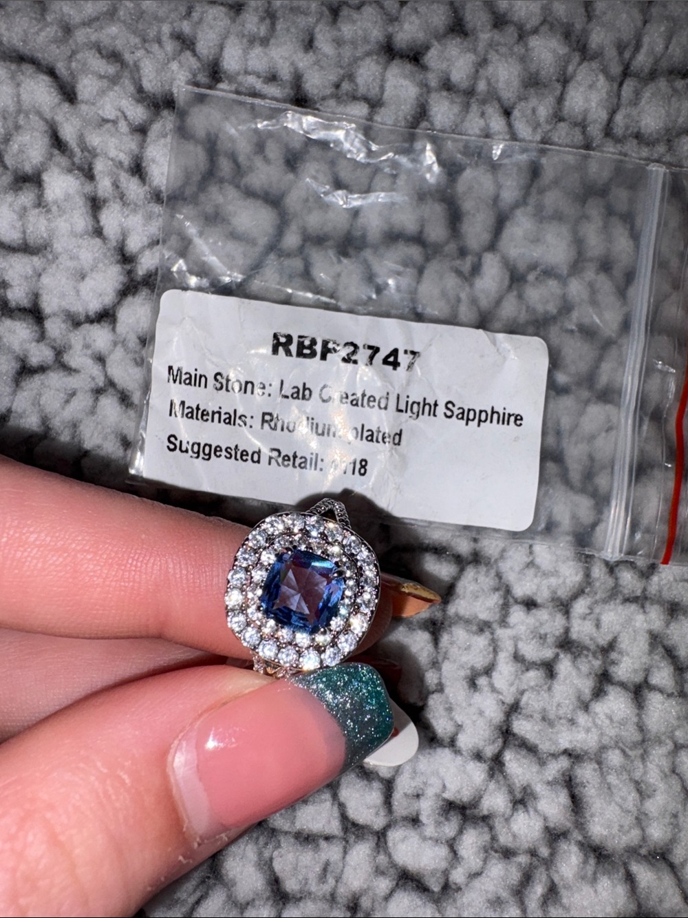 bp Blue Cushion Lab-Created Sapphire Halo Ring with Clear Accents